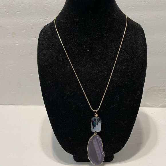 Gold Tone Purple Resin Agate Pendant Necklace 24” Boho Statement - Picture 7 of 7